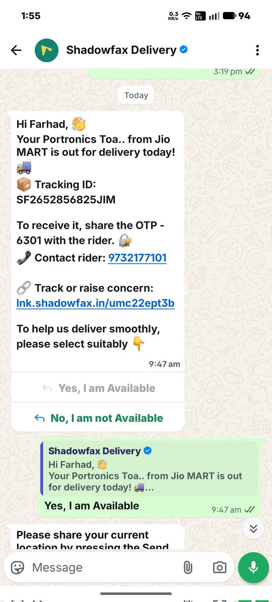 farhadsekh22's tweet photo. @JioMart_Support Your delivery partner marked my order Out for Delivery, then asked ME to travel 2 KM to collect it.
Since when did home delivery mean customer pickup?
Completely unacceptable.
Tracking ID: SF2652856825JIM

Delevery rider number:- 9732177101 

Take action against the rider 😠 https://t.co/gMucjXwCxe