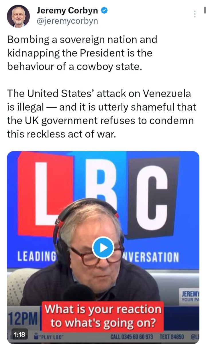 Bombing a sovereign nation and kidnapping the President is the behaviour of a cowboy state. 

The United States’ attack on Venezuela is illegal — and it is utterly shameful that the UK government refuses to condemn this reckless act of war.
<a href="/jeremycorbyn/">Jeremy Corbyn</a>