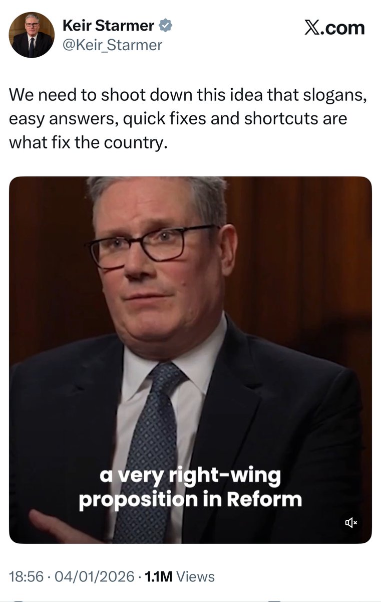 <a href="/Keir_Starmer/">Keir Starmer</a> The problem with lying daily is...
you have to contradict yourself hourly.⏱️

Starmer's 1M view post yesterday...

'We need to shoot down slogans...
Easy answers.
Quick fixes.
Shortcuts.'

And Starmer's post today...

Here’s an easy answer.
Here’s a quick fix.
Here’s a shortcut.