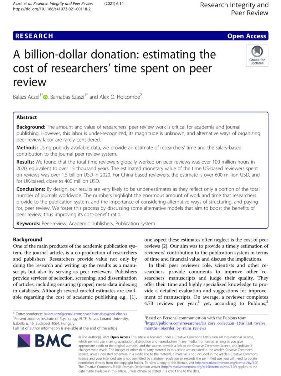 A billion-dollar donation: estimating the cost of researchers’ time spent on peer review