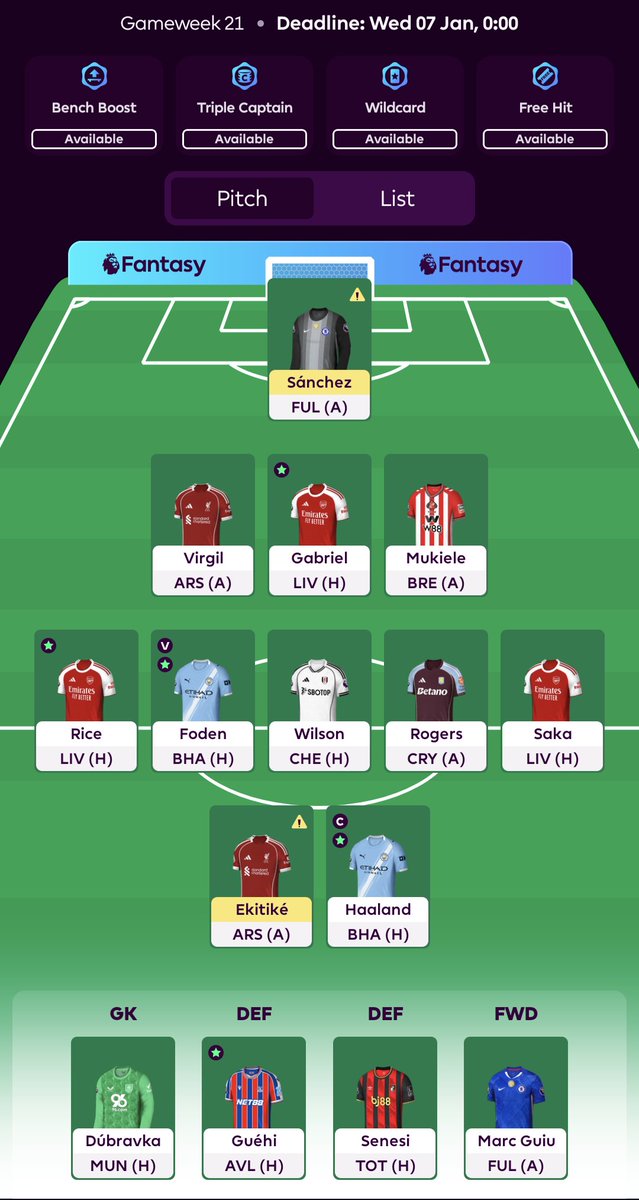 JYadalam's tweet photo. @_FPLtips Already swapped Timber to Gabriel. Worth taking a -4 to swap Ekitike to Thiago? Or are there other fires to put out? https://t.co/1aO6NiJOij