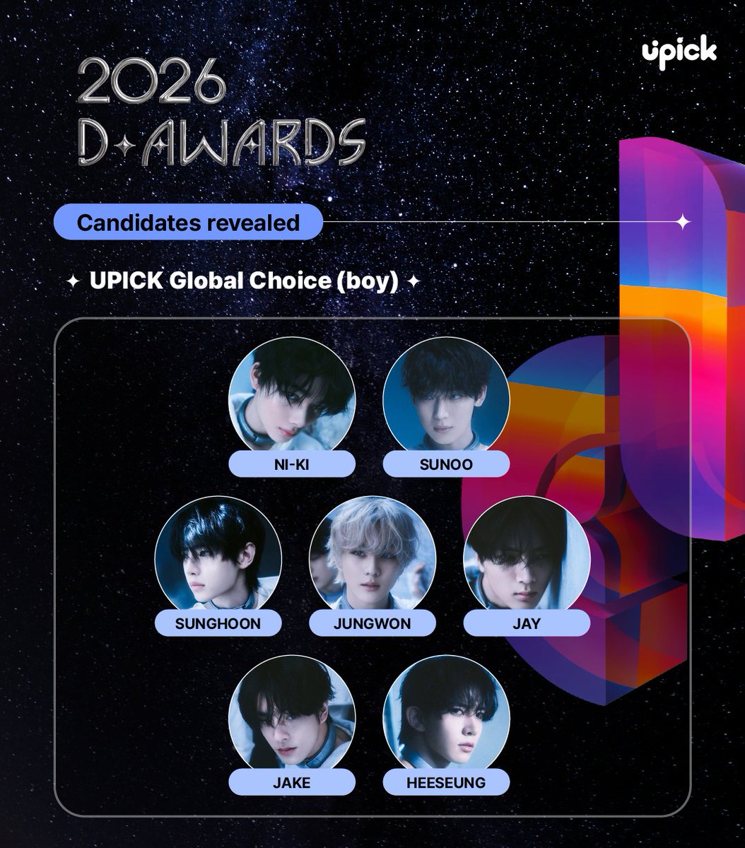 UPICK_twt's tweet image. #DAwards #디어워즈 🏆
[UPICK Global Choice - Boy] Nomination

#ENHYPEN #엔하이픈
#NI_KI #니키
#SUNOO #선우
#SUNGHOON #성훈
#JUNGWON #정원
#JAY #제이
#JAKE #제이크
#HEESEUNG #희승

#DAwardswithUPICK
⭕ 1/6 12PM Voting Starts
🎁 D Awards [UPICK Global Choice - Boy]