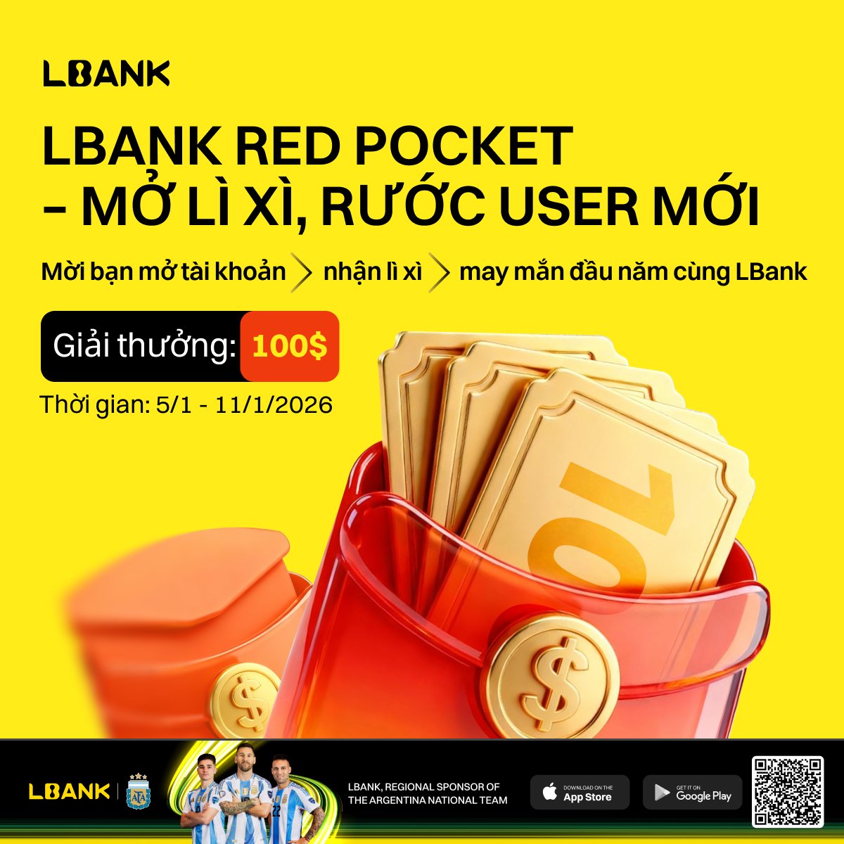 LBankVietnam's tweet photo. LBank Red Pocket – Mở Lì Xì, Rước User Mới
Mời bạn mở tài khoản – nhận lì xì – may mắn đầu năm cùng LBank
Thời gian: 5/1 - 11/1/2026
Giải thưởng: 100$
🎯 Cách tham gia
1️⃣ Follow LBank & Retweet bài viết này
2️⃣ Mời bạn bè đăng ký LBank bằng link ref của bạn
3️⃣ Điền form UID của bạn và những người bạn mời mở tài khoản mới: https://t.co/Bp5jeHKrxc
4️⃣ Người mời nhiều bạn hợp lệ nhất = Người chiến thắng 🏆
🎁 Cơ cấu thưởng
🥇 Top 1 mời nhiều nhất: 30 USDT
🥈 Top 2: 20 USDT
🥉 Top 3: 10 USDT
🥉 Top 4 - Top 8: mỗi người 5$
📌 Lưu ý
Chỉ tính user mới, đăng ký trong thời gian event
Mỗi UID chỉ được tính 1 lần
Không chấp nhận gian lận / clone tài khoản
🔥 Gọi hội bạn vào LBank ngay hôm nay và nhận hồng bao lì xì đầu năm mới thôi nào!
#LBank #Crypto #Airdrop #Redpocket