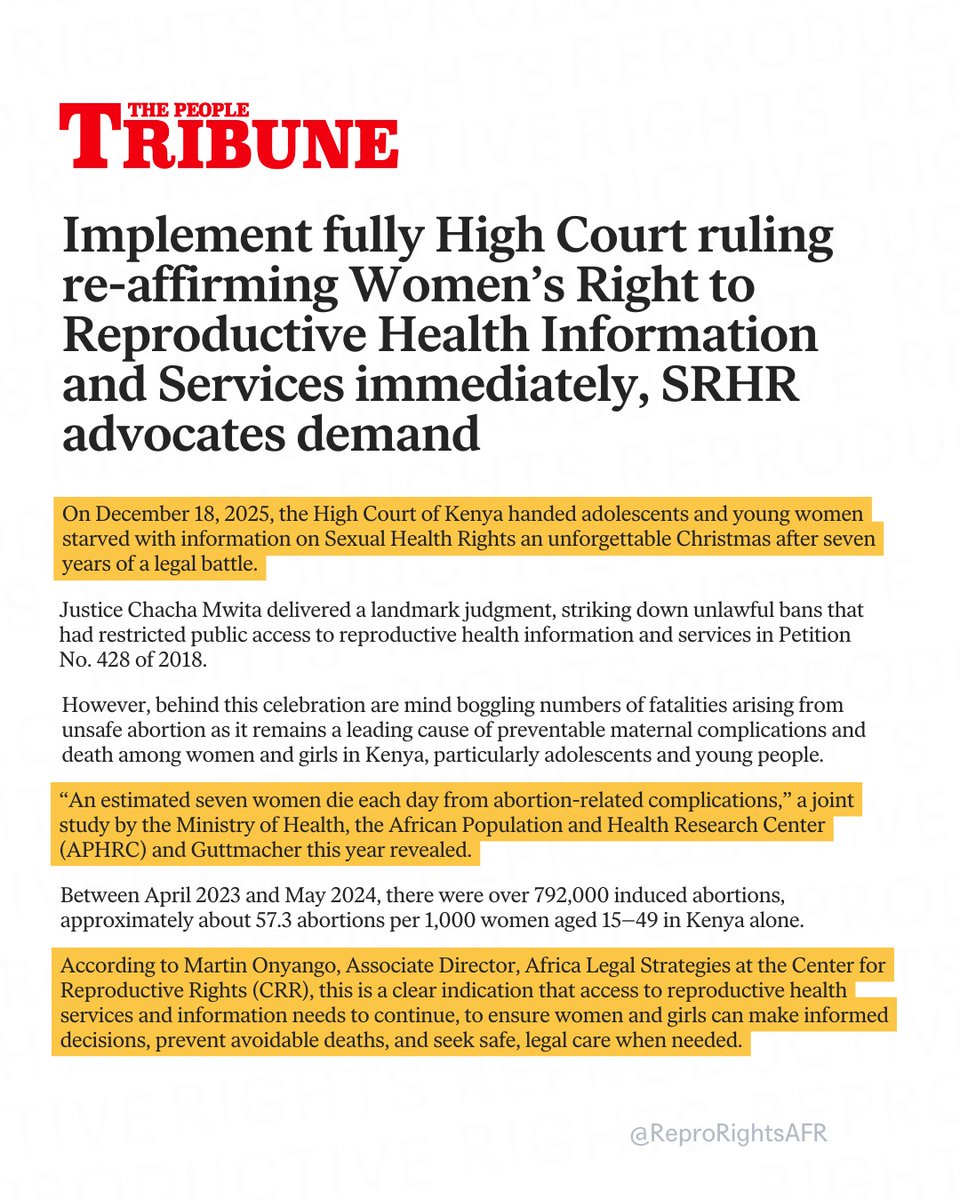 ReproRightsAFR's tweet photo. The Centre for Reproductive Rights, alongside SRHR advocates, is calling for the immediate and full implementation of the High Court ruling reaffirming women’s constitutional right to reproductive health information and services.

Court victories must translate into real access without delay, obstruction, or discrimination.

Read more: https://t.co/HRpsRFMOXO

 @aphrc @timothy_thondu