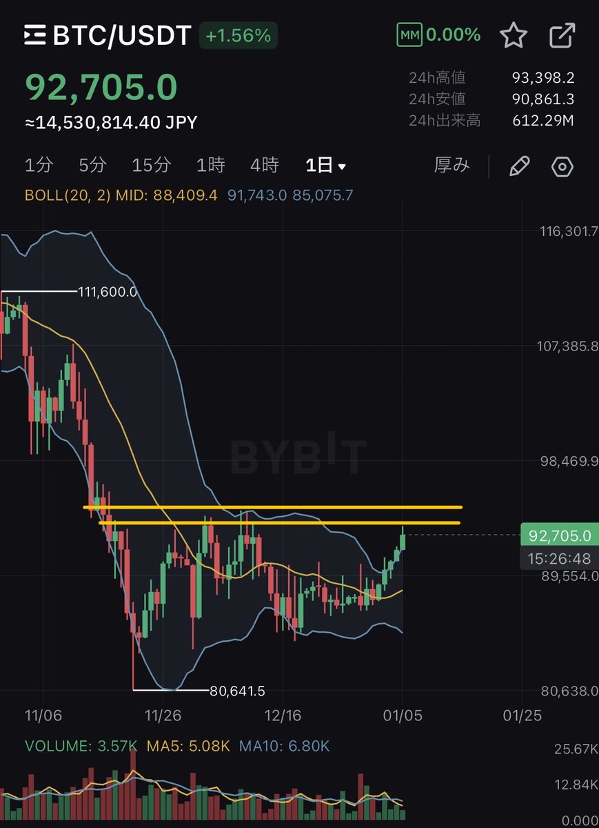 局面到来】 ビットコインも毎日強いですね。しかしここからが正念場。日足の抵抗ラインに差し掛かりましたのでこの二重ラインを実体で上抜けるか焦点。  しっかり見極めましょう😊