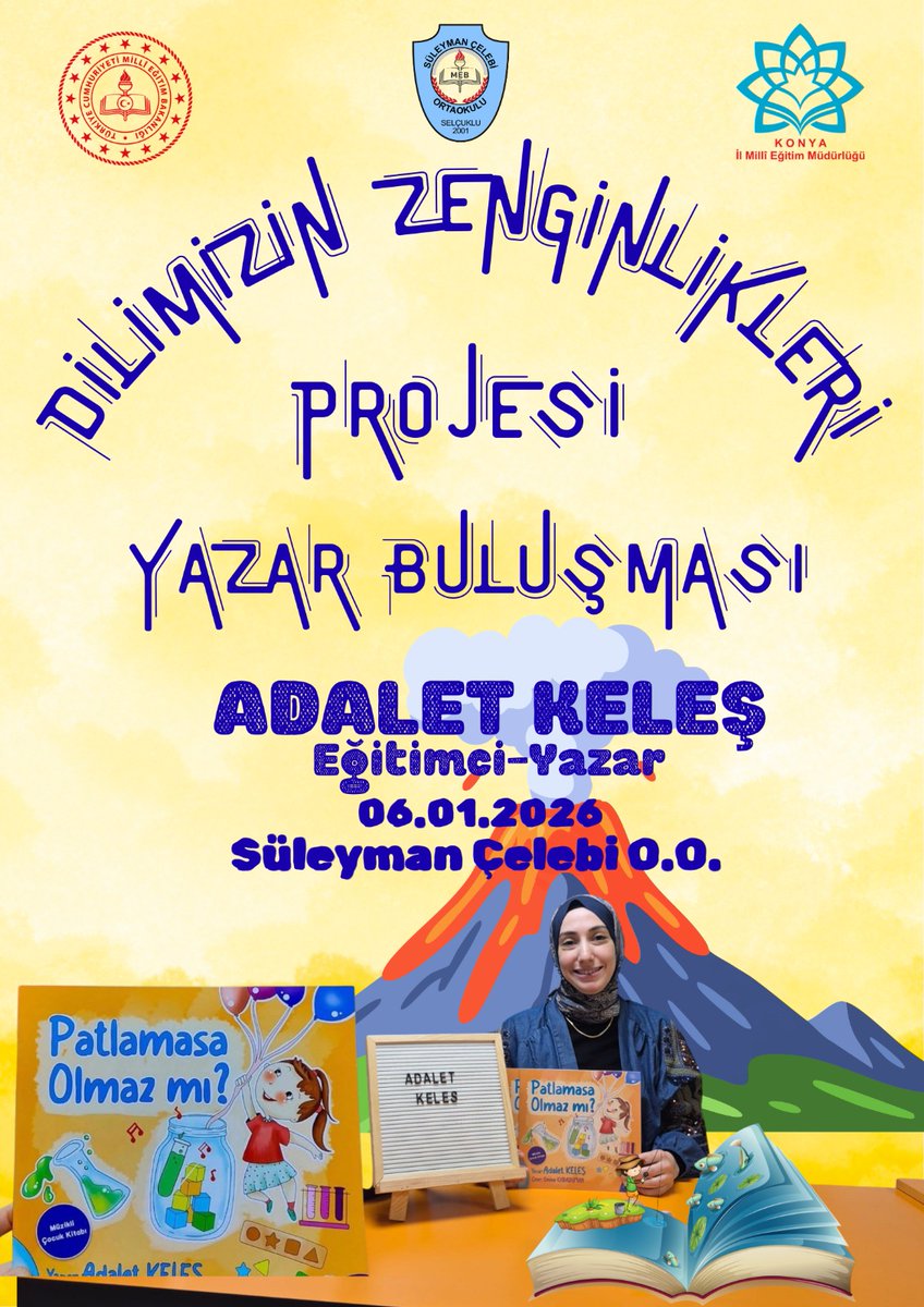 📚 Bakanlığımızın başlattığı "Dilimizin Zenginlikleri Projesi" kapsamında, Eğitimci-Yazar Sayın Adalet Keleş’i okulumuzda ağırlamanın mutluluğunu yaşıyoruz.

🗓 Tarih: 06 Ocak 2026 
📍 Yer: Süleyman Çelebi Ortaokulu

#DilimizinZenginlikleri #AdaletKeleş  #KonyaMEM