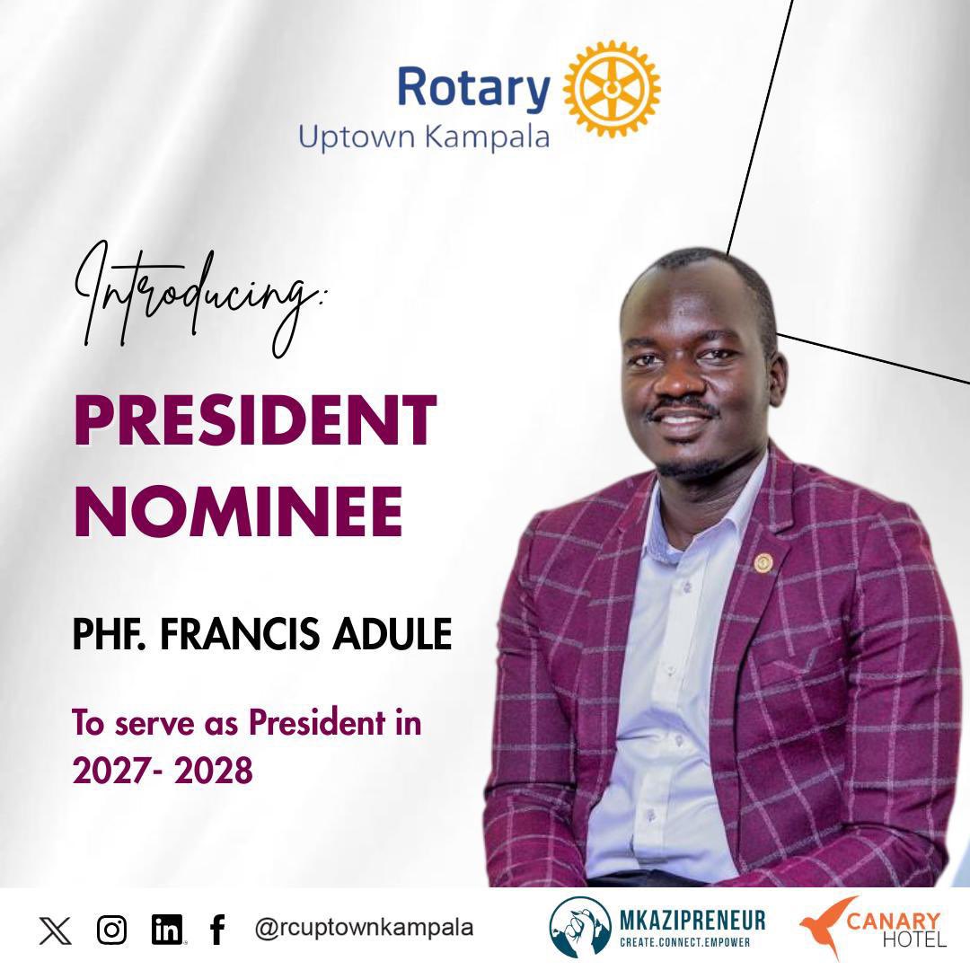 rcuptownkampala's tweet image. Great news! 🌟 Meet @FrancisAdule our Rotary club's President Nominee who will serve as President in 2027-2028! 🚀 

We have no doubt that he will lead with passion &amp;amp; purpose and will drive forward Rotary’s mandate.

Congratulations @FrancisAdule 

#RotaryEyamba