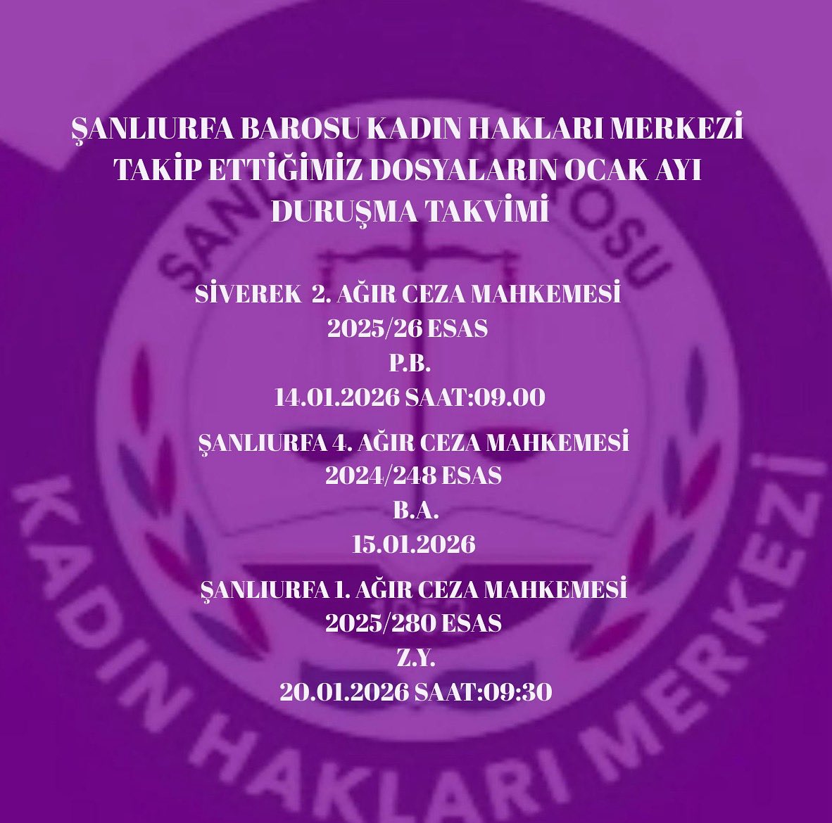 Merkezimizin ocak ayı duruşma takvimini siz değerli meslektaşların bilgisine sunarız. Duruşmaya katılım hususunda desteklerinizi bekleriz.