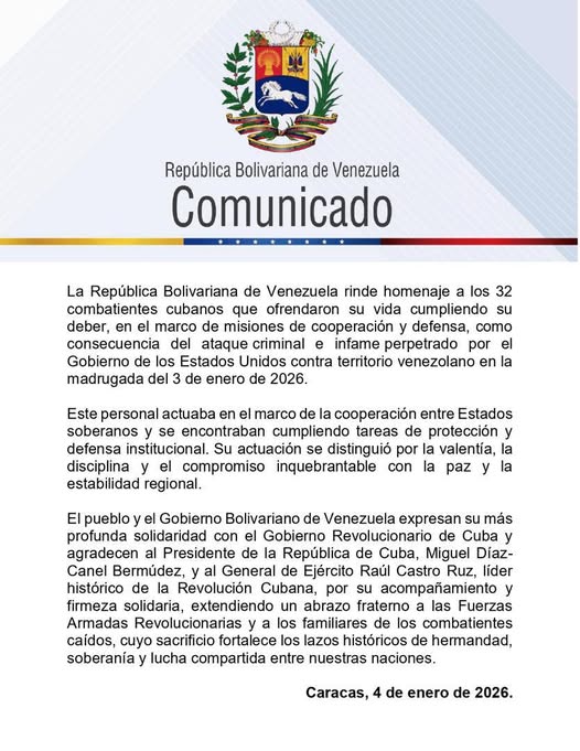 GobCamaguey's tweet photo. #COMUNICADO: La República Bolivariana d Venezuela rinde homenaje a los 32 combatientes cubanos q ofrendaron su vida cumpliendo su deber, en el marco d misiones de cooperación y defensa, como consecuencia del ataque criminal e infame perpetrado por el Gobierno d los Estados Unidos https://t.co/qQNwMigKli