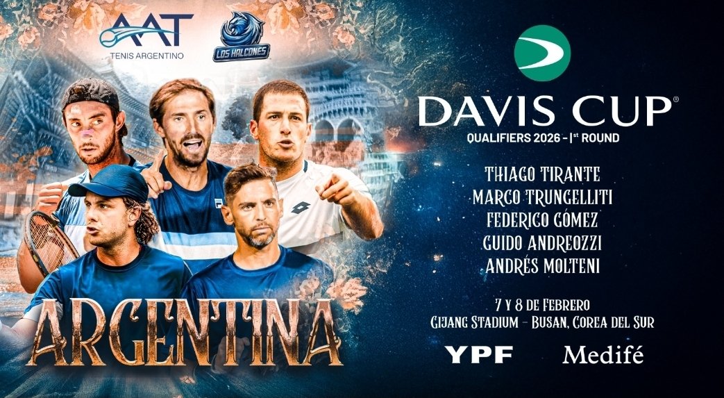 Javier Frana, anunció el equipo que visitará a Corea del Sur el 7 y8/2  Qualifiers de Copa Davis 2026 en  Busan.
Con cuatro debutantes,  Thiago Tirante, Marco Trungelliti, Federico Gómez y los doblistas Guido Andreozzi y Andrés Molteni. 
📷 <a href="/AATenis/">Asociación Argentina de Tenis</a>