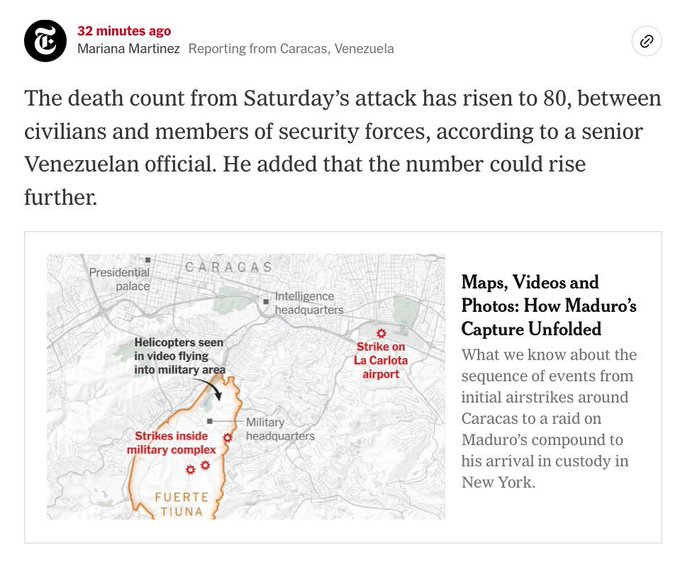 El New York Times afirma que son 80 los muertos en Venezuela entre civiles y fuerzas de seguridad.

De ellos 32 fueron soldados cubanos confirmado por Diaz-Canel.