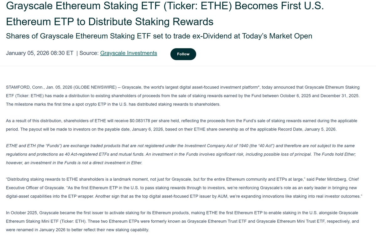 灰度将向ETHE 持有人派发ETH 质押收益，每股获得0.083178 美元】 灰度（ @Grayscale ）投资宣布，旗下灰度以太坊质押ETF （代码：ETHE）已向现有份额持有人分配了该基金在