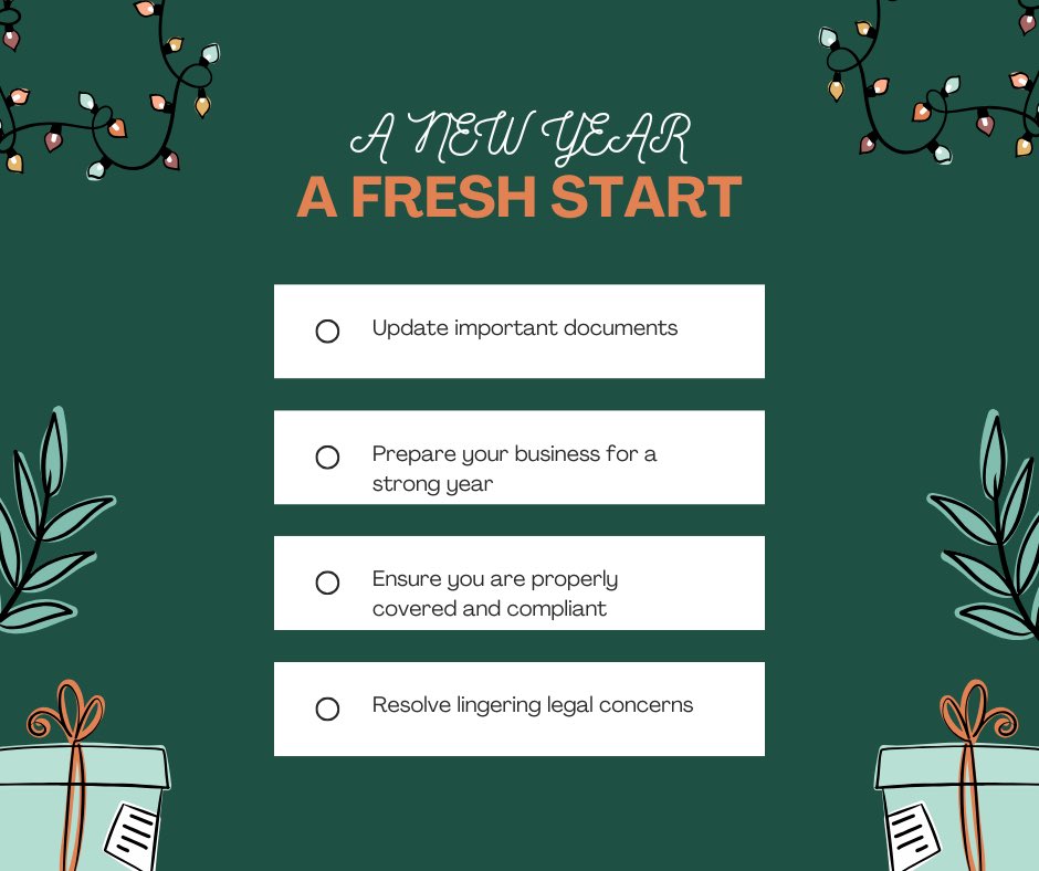 A New Year, a fresh start!
 
January is the perfect time to tidy up the details that protect you and your family:

-Update important documents
-Prepare your business for a strong successful year
-Ensure you are properly covered and compliant
-Resolve lingering legal concerns