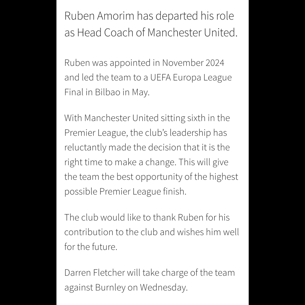 SPORTS4YOU_X's tweet photo. 🚨 | 🔴 BREAKING: RUBEN AMORIM SACKED! MANCHESTER UNITED HEAD COACH DEPARTS IN STUNNING DECISION!

Darren Fletcher will take charge of the team against Burnley on Wednesday. https://t.co/Mwpk9d1XVQ
