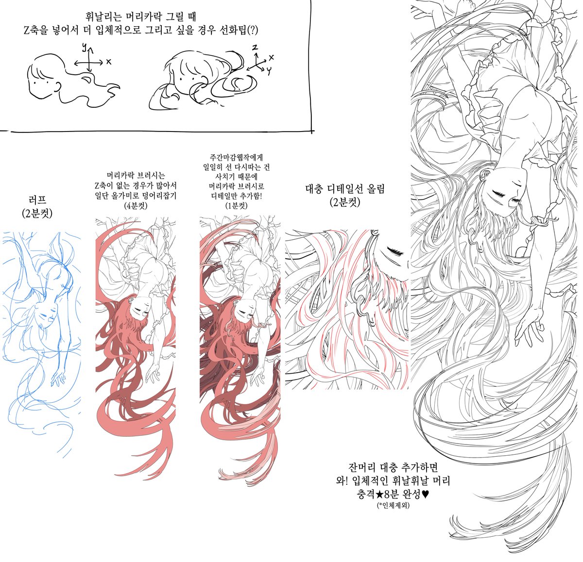 입체적으로 복잡한 머리카락 8분선화팁(*인체제외) 