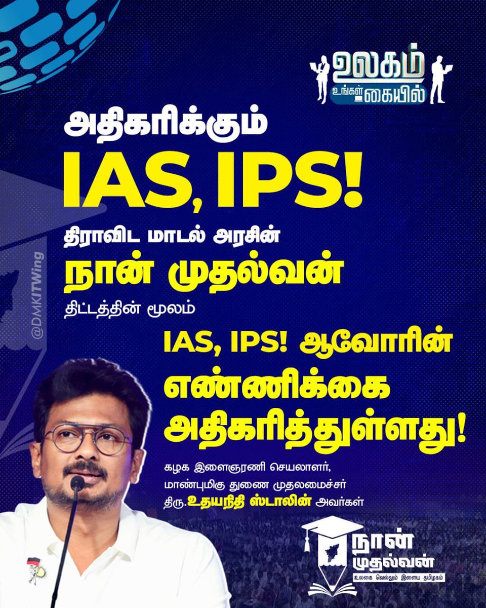 arivalayam's tweet photo. திராவிட மாடல் அரசின் நான் முதல்வன் திட்டத்தின் மூலம் IAS, IPS ஆவோரின் எண்ணிக்கை அதிகரித்துள்ளது!

- மாண்புமிகு துணை முதலமைச்சர் திரு @Udhaystalin அவர்கள்

#UlagamUngalKaiyil https://t.co/3GFbAzsMmW