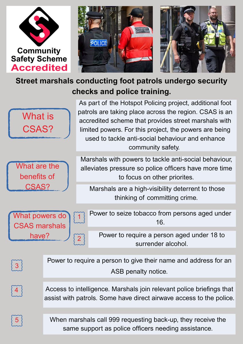 DC_PCC's tweet image. Marshals are working hard to drive down anti-social behaviour and keep communities safe. This poster outlines what CSAS accredited marshals do to support the police and enhance feelings of safety for members of the public. 📷