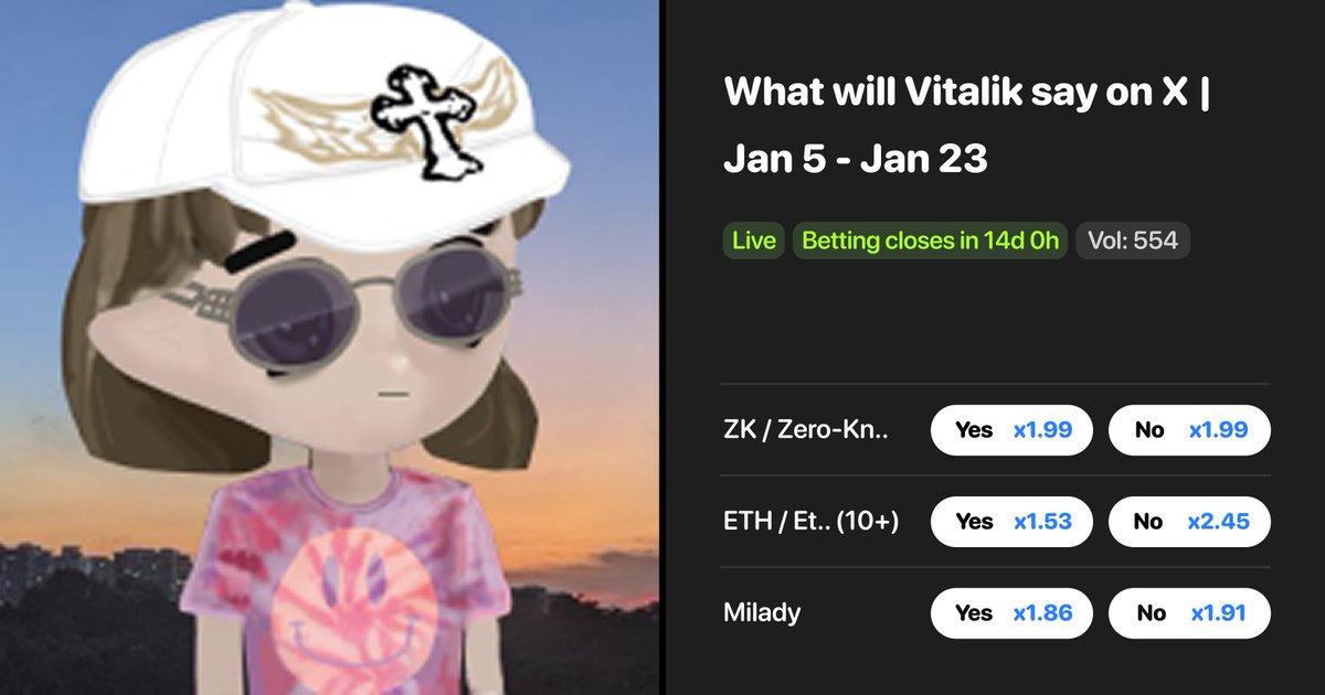 🚨 NEW MARKET: What will Vitalik say on 𝕏 | Jan 5 - Jan 23 

New year, new Ethereum. Predict what Vitalik will discuss on 𝕏 over the next three weeks.

fantasy.top/play/predictio…