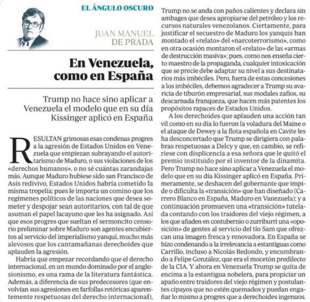 Paulafraga__'s tweet image. Derechosos a los que se les llena la boca de patria para luego ofrecerla como una baratija y pedir intervenciones a potencias extranjeras cuando no le gustan sus gobernantes. Cipaya, antipatriota y traidora es esta derecha sociológica. 

Juan Manuel de Prada los pone en su sitio.
