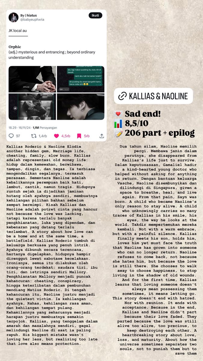 JK local au
𝐎𝐫𝐩𝐡𝐢𝐜
(adj.) mysterious and entrancing ; beyond ordinary understanding

Sad end! 8,5/10
206 part + epilog 💖