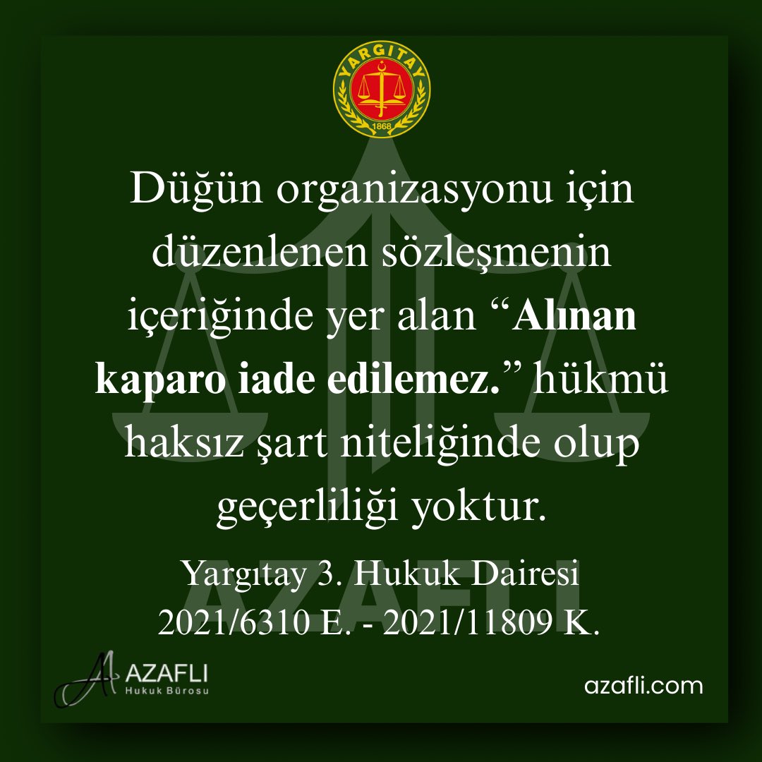 Düğün organizasyonu için düzenlenen sözleşmenin içeriğinde yer alan “Alınan kaparo iade edilemez." hükmü haksız şart niteliğinde olup geçerliliği yoktur.

Yargıtay 3. Hukuk Dairesi 
2021/6310 E. - 2021/11809 Κ
#hukuk #yargıtay #emsal #güncel #düğün
