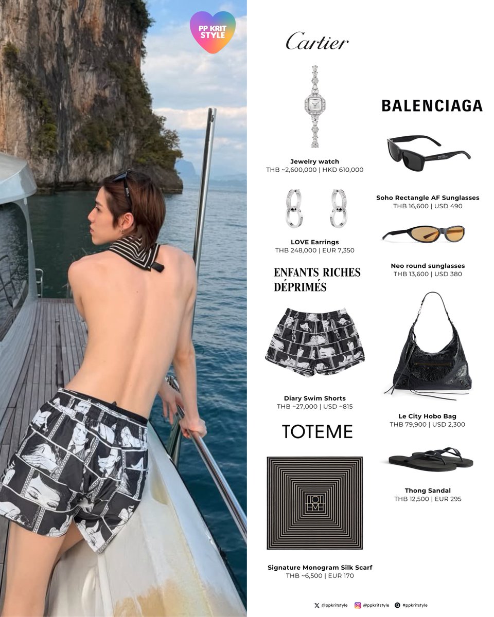 〰️ <a href="/ppkritt/">ppkrit</a> 260105

#Cartier Jewelry Watch, Love Earrings
#Balenciaga Soho Rectangle AF Sunglasses, Neo Round Sunglasses, Le City Hobo Bag, Thong Sandal
#EnfantsRichesDeprimes Diary Swim Shorts
#Toteme Signature Monogram Silk Scarf

#PPKritt #PPKritEntertainment
#ppkritstyle