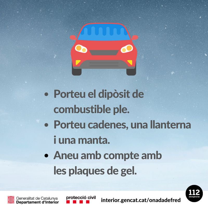 ❄️ Protegeix-te del fred! 

Consells clau davant baixes temperatures i neu: 

cuida persones vulnerables 👵👶, a casa deixa un rajolí d’aigua i protegeix comptadors 🏠, vigila la calefacció 🔥, abriga’t bé a l’exterior 🧣i precaució amb el cotxe 🚗

#Abrera