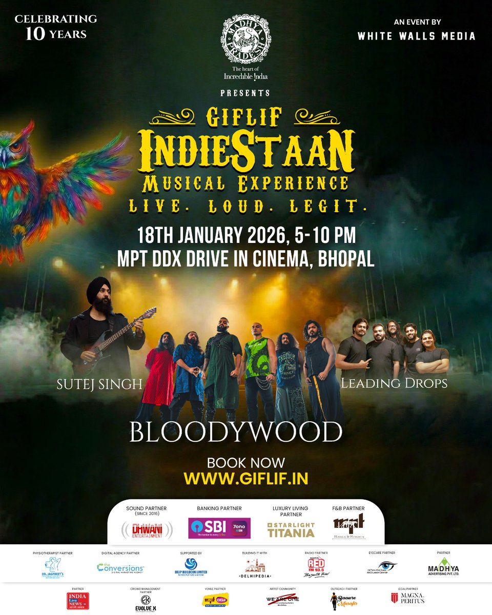 Three artists. Three genres. One explosive night. 

🎶 GIFLIF Indiestaan – 10th Anniversary Edition

🔥 Bloodywood
🎸 Sutej Singh
🎶 Leading Drops
📅 18 Jan 2026 | 5–10 PM
📍 MPT DDX Drive-In Cinema, Bhopal
🎟️ Tickets: giflif.in

LIVE. LOUD. LEGIT.
#Indiestaan2026