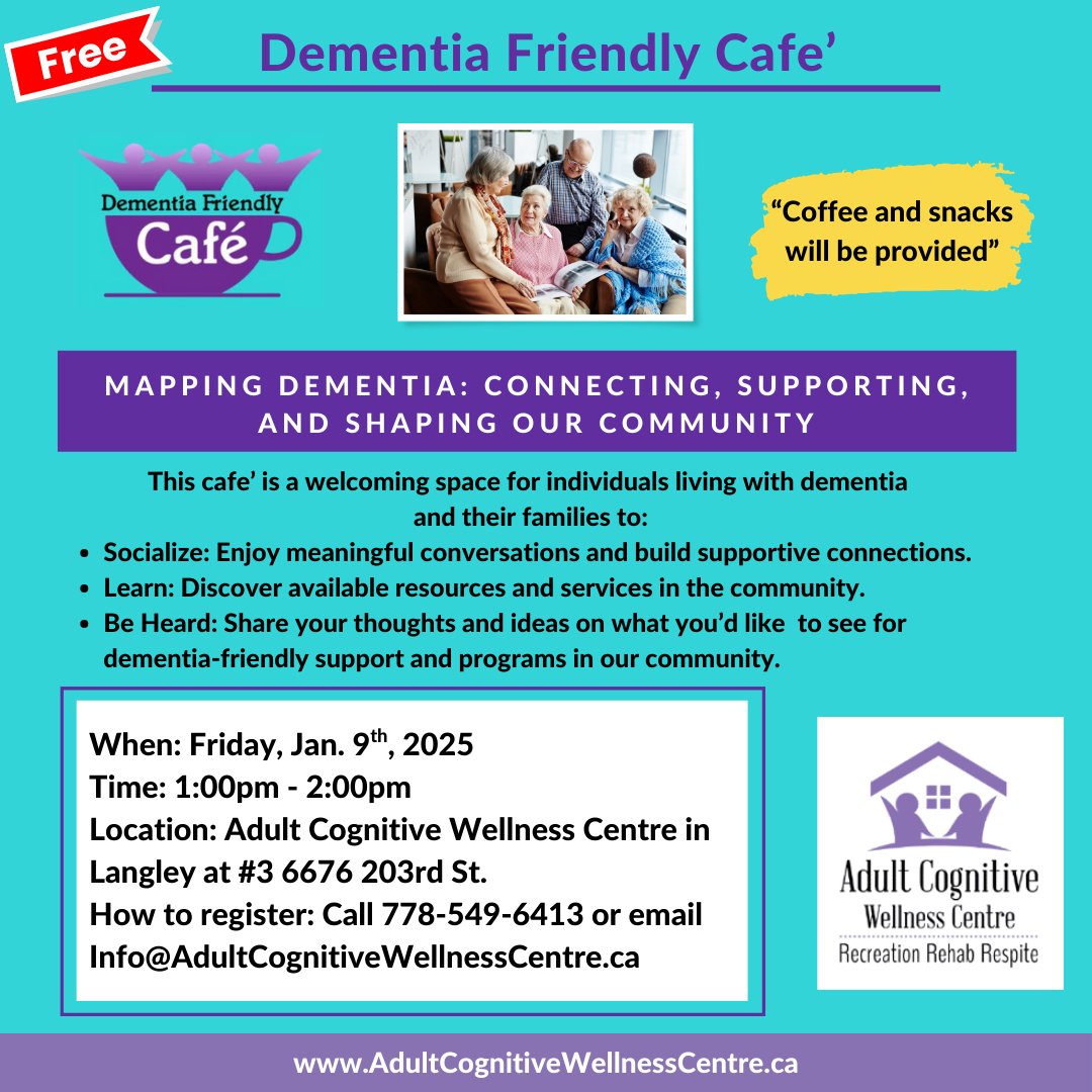 Our Dementia-Friendly Café is a social gathering of people living with symptoms of dementia, their families, and their caregivers. There is no cost to join!

#dementiacentrewithoutwalls #dementiafriendlycafe #dementiasupport #dementiacare #seniorcare #familycaregivers