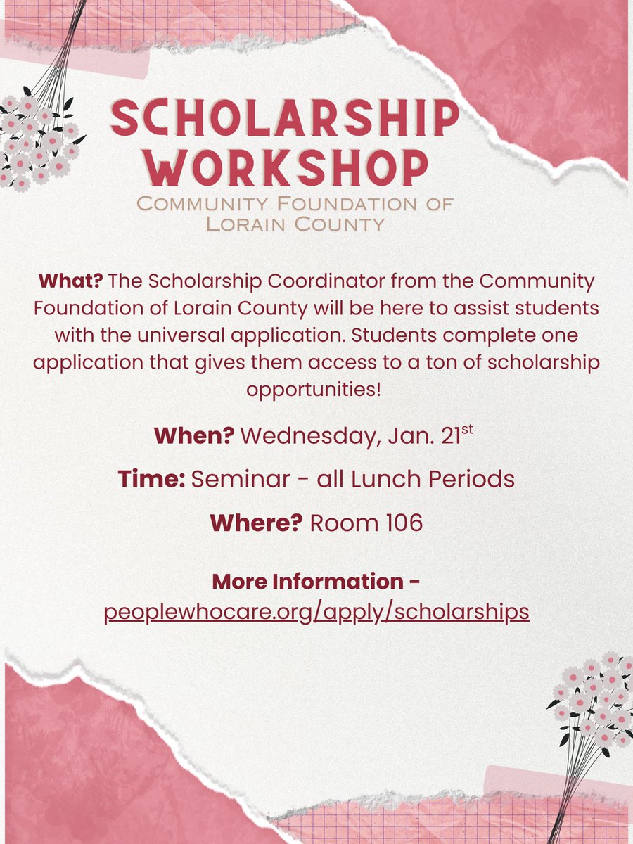 Scholarship Workshop ‼️

On Jan. 21st (seminar - all lunches) we will be holding a workshop to assist seniors with completing the universal application for the Community Foundation of Lorain County! This gives seniors access to a ton of scholarships!