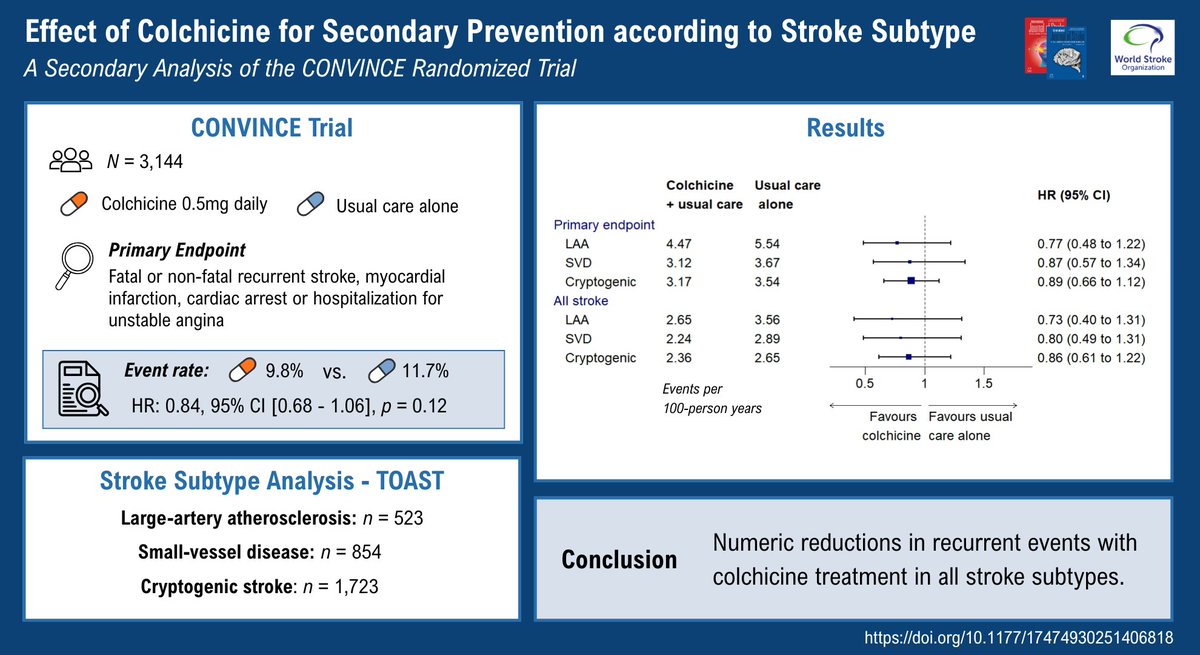 IntJStroke's tweet photo. #FlashbackFriday !
📊Secondary analysis of CONVINCE
🧠💊Regardless of stroke subtype, direction of effect for prevention of recurrent major adverse cardiovascular events favoured colchicine

Read more here👇
https://t.co/sgbVfuN8O2 https://t.co/s8qoGliYgY