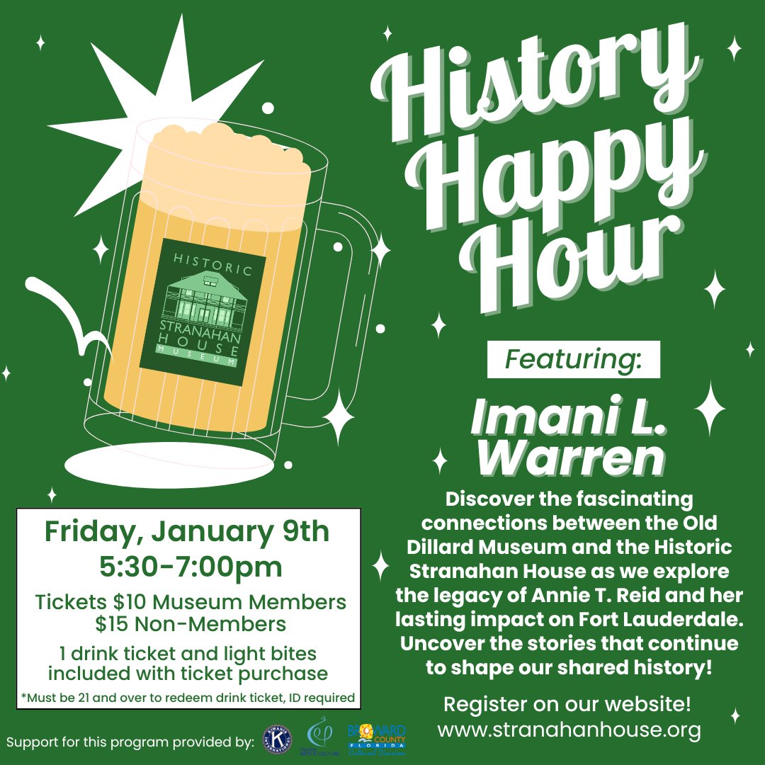 ✨This Friday! Join us for History Happy Hour featuring Imani L. Warren, curator of the Old Dillard Museum. Together we will explore the shared history between Old Dillard and Stranahan House, and the legacy of Annie T. Reid!

🎟️stranahanhouse.org/history-happy-…