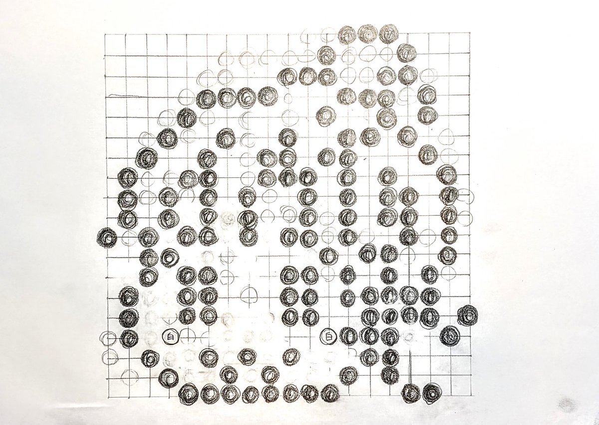 ⚫⚪碁盤上での格闘⚪⚫】 下絵を描く前に、平面の碁盤の目を描いて