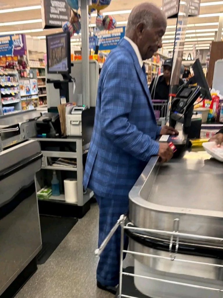 "Someone spotted my dad out at the grocery store today and sent my sister a picture. So he got paparazzi now!!!!!!  BUT PLEASE LOOK AT HOW HE IS DRESSED FOR THE DAMN GROCERY STORE!!!!  And Whyyyyy does he continue to be doing the most at almost 97 years old?!?!!!!!! Stepping out