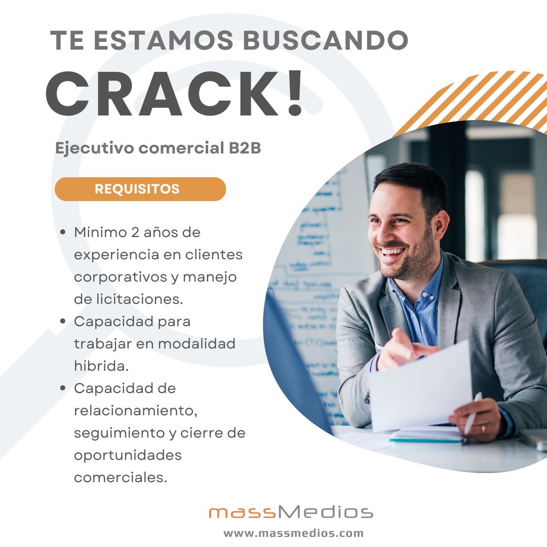 Buscamos Ejecutivo Comercial B2B en Mass Medios. Venta consultiva de soluciones de monitoreo y reputación. 

Base + comisiones sin techo. 

Bogotá híbrido. 
Postúlate en: 

📩 director@fltcomunicaciones.com