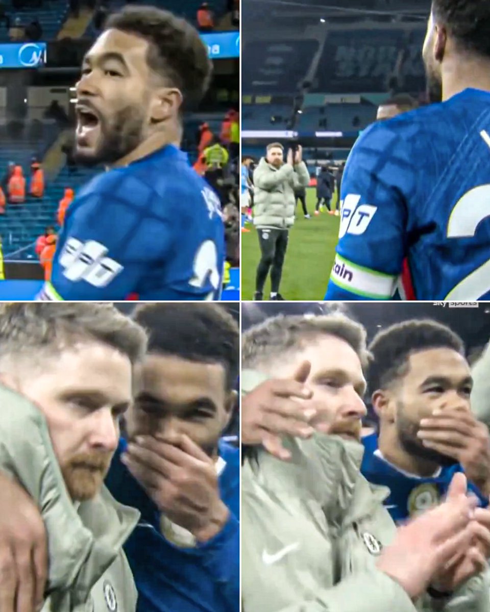 ESPNUK's tweet image. Reece James making sure Calum McFarlane applauded with the Chelsea fans at full time after drawing to Man City 👏