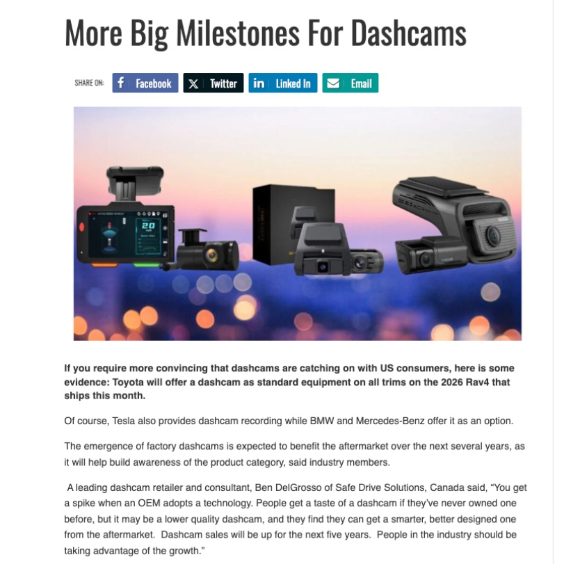SafeDriveSolut1's tweet photo. More Big Milestones for Dashcams
 
 A leading #dashcamera #dashcam retailer, Ben DelGrosso of Safe Drive Solutions, Canada said, “You get a spike when an OEM adopts a technology. People get a taste of a dashcam  

Read the full article  https://t.co/4mbzH77y0D https://t.co/qGHjbGLtyZ