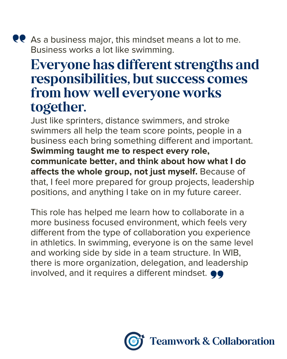 UMW_CCPD's tweet photo. Who better to talk about Teamwork and Collaboration than Ashlyn Diederich '26? Ashlyn stays busy as a student-athlete, Business Administration major and Co-President of Women in Business.

Thanks, Ashlyn, for sharing your perspective! We're cheering for you! 💙🦅
#LifeAfterMW https://t.co/VX0QL42RxC