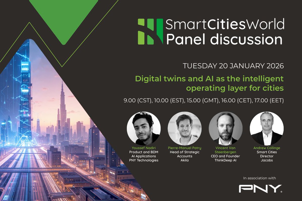 SmartCitiesW's tweet image. PANEL (20 Jan) with @PNYTechnologies: Digital twins and AI as the intelligent operating layer for cities - Join us for insights from real-world case studies on the use of #DigitalTwins and #AI as the present and future of #UrbanManagement

Register here - ow.ly/N9lY50XM7lX