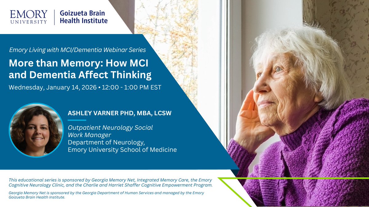 GaMemoryNet's tweet image. Join us on January 14, 2026, at 12:00 PM for an insightful session with Ashley Varner, PhD, as we explore how MCI influences memories and cognition, and discuss support strategies 🌟 #DementiaAwareness #CognitiveHealth #MemoryMatters zoom.us/j/92169139023