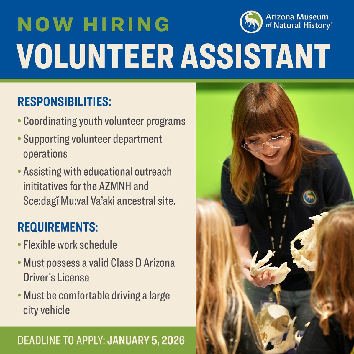 AZMNH's tweet image. Last Chance! Now Hiring! The application period for this position closes at midnight tonight. If you want to support and grow our youth volunteer programs while helping with volunteer operations, community outreach, and STEAM education at the Museum and the Sce:dagĭ Mu:val Va’aki…