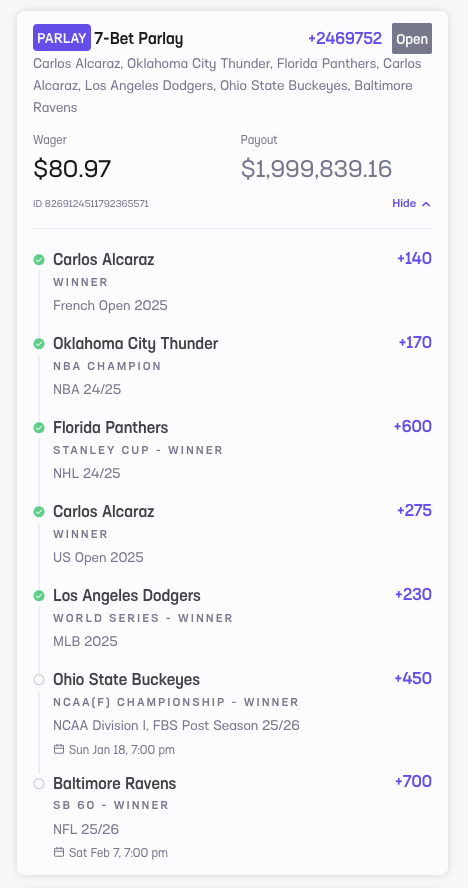 HRUnityLoveRock's tweet image. 3 of my SB picks dropped off last night in one of the most thrilling games I have ever seen.  Amazing game @steelers &amp;amp; @Ravens!  p.s. Before the Ohio St game I turned down an $80k cash out offer from @HardRockBet.  The offer had previously been as high as $180k.  1 SB team alive!