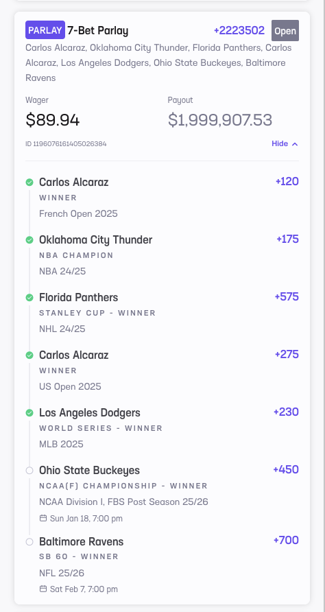 HRUnityLoveRock's tweet image. 3 of my SB picks dropped off last night in one of the most thrilling games I have ever seen.  Amazing game @steelers &amp;amp; @Ravens!  p.s. Before the Ohio St game I turned down an $80k cash out offer from @HardRockBet.  The offer had previously been as high as $180k.  1 SB team alive!