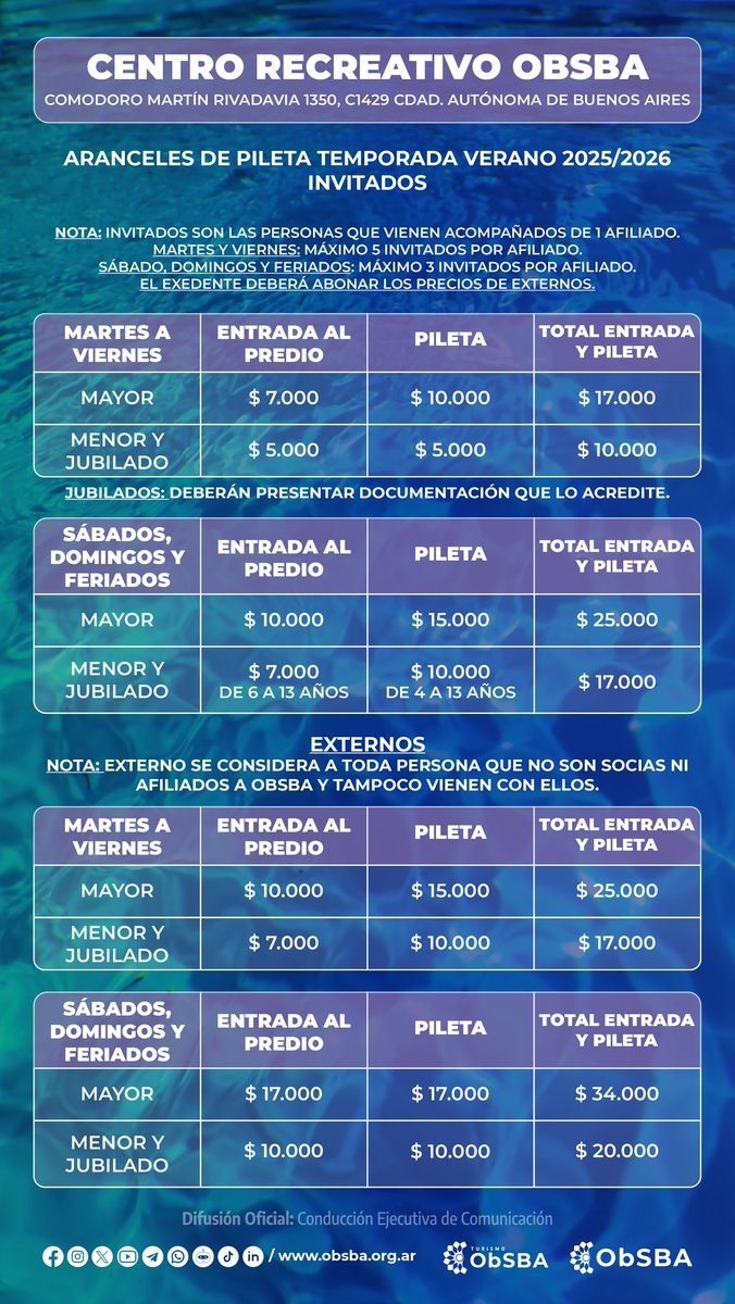 obsba's tweet image. 🌞 Se viene el calor
🏊‍♀️ Aranceles de pileta del Centro Recreativo ObSBA
* Comodoro Martín Rivadavia 1350, C1429 Cdad. Autónoma de Buenos Aires

📆 Verano 2025/2026
✔️ Afiliados
✔️ Invitados
¡Listos para disfrutar! 😎