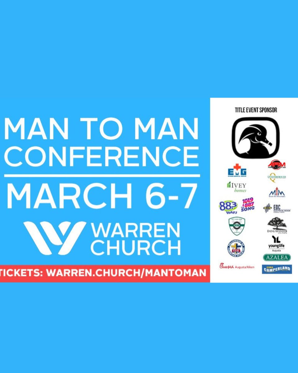 Tickets are on sale now for the Man To Man Conference at Warren Baptist Church. Guest speakers include Pastor Virgil Walker, HUD Secretary Scott Turner, comedian Dennis Swanberg, former MLB player Elvis Andrus + more. Get tickets here:  ow.ly/hgeb50XRTVn