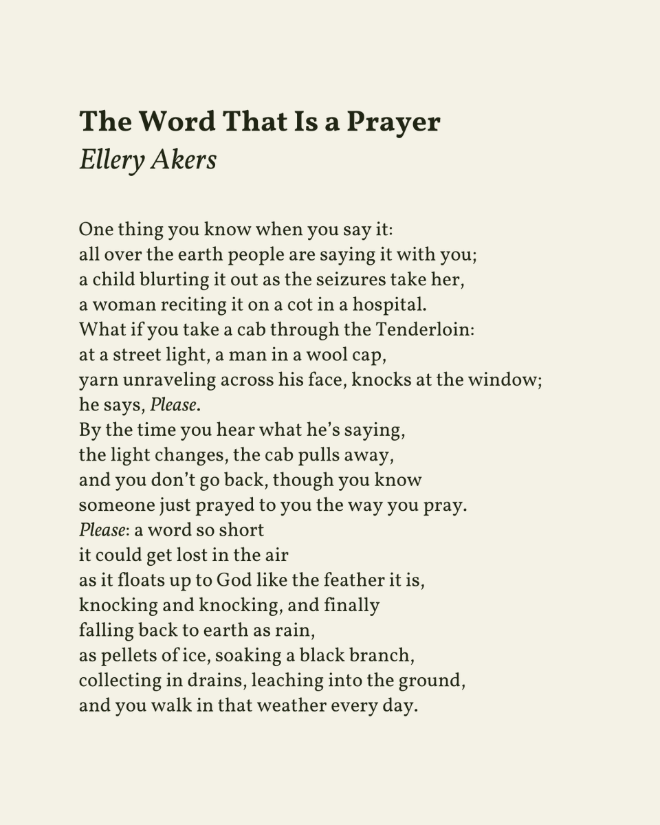 readalittlepoem's tweet image. “Please: a word so short / it could get lost in the air”

— Ellery Akers

.
.
.

This poem appeared in Practicing the Truth by Ellery Akers, published by Autumn House Press, 2015. Shared here with deep gratitude.