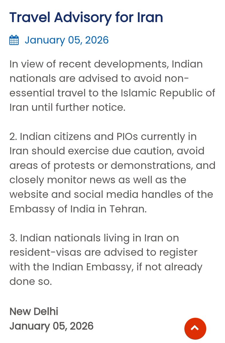 sidhant's tweet photo. BREAKING: INDIA ADVISES ITS NATIONALS TO AVOID NON ESSENTIAL TRAVEL TO IRAN UNTIL FURTHER NOTICE, SAYS INDIAN STATEMENT https://t.co/c0eFn4lehL