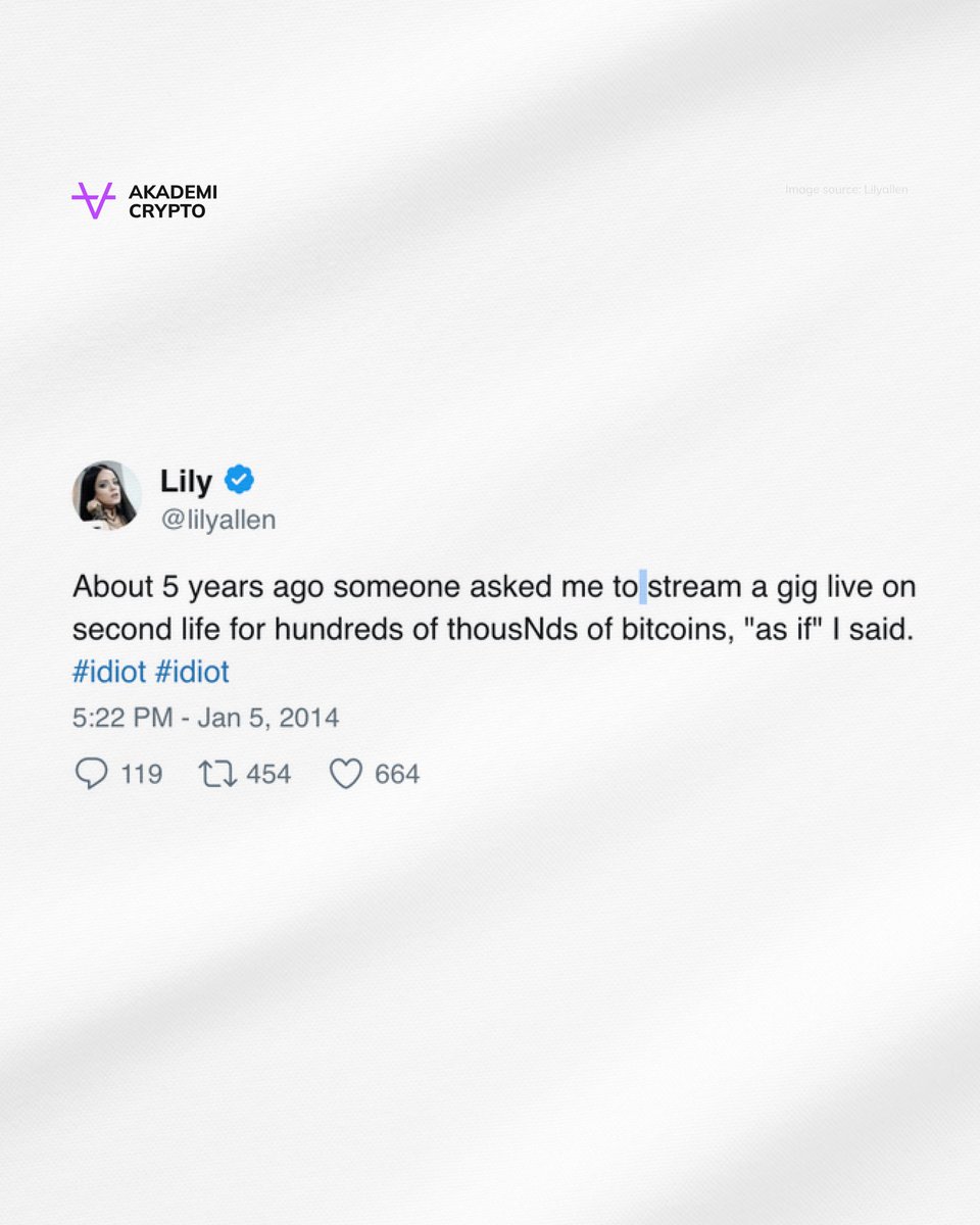 Lily Allen, penyanyi asal Inggris, mengaku menyesal menolak pembayaran  200.000 Bitcoin untuk penampilan virtual di platform 3D Second Life 11  tahun lalu atau tepatnya pada 05 Januari 2014.