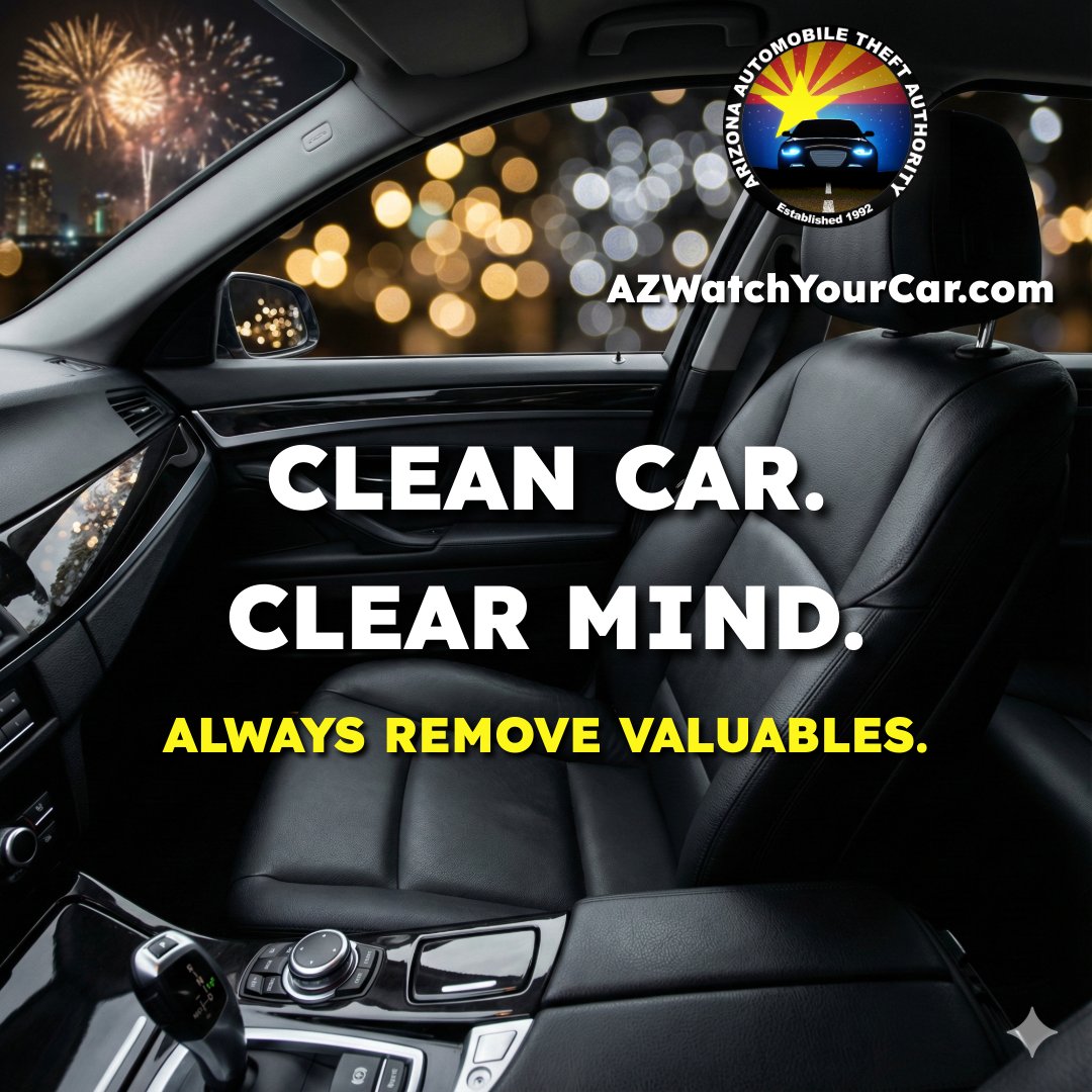 azautotheft's tweet image. This year, resolve to keep your car clutter-free.

Thieves shop for free in unlocked cars with visible valuables.

Test your knowledge at AZWatchYourCar.com/theft-smart.

#ParkSmart #RemoveValuables #AZWatchYourCar #TheftSmart #Arizona