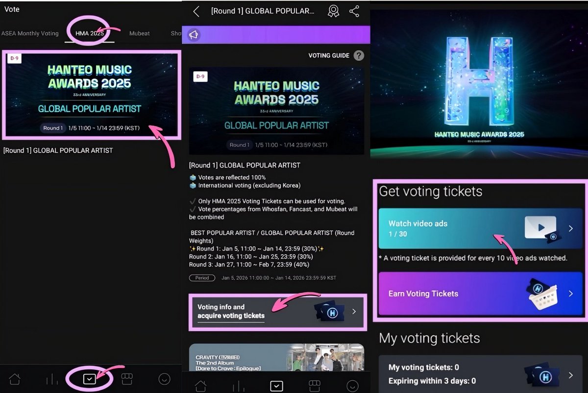 teamsvtpolls's tweet image. [ HMA DAESANG VOTING ]

CARATS, Please collect first on FANCAST, Mubeat, and Whosfan, and wait for the fanbase’s signal on when to vote.

The pictures below are guides on how to collect

🚫 DO NOT VOTE YET!

MUBEAT: 
3 ads= 1 HMA TICKET